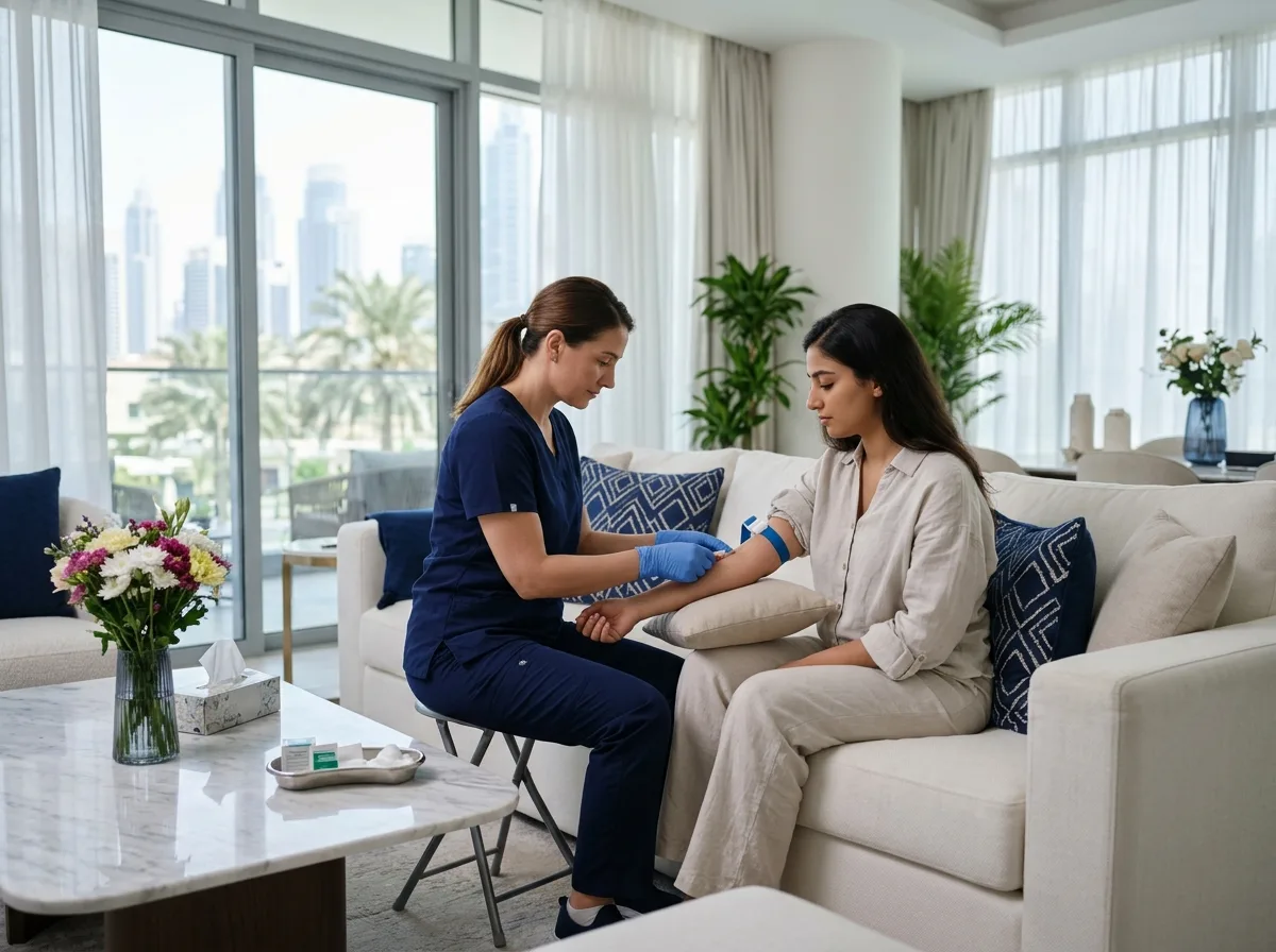 ممرضة تسحب عينة دم لتحليل الحساسية في منزل المريضة بدبي