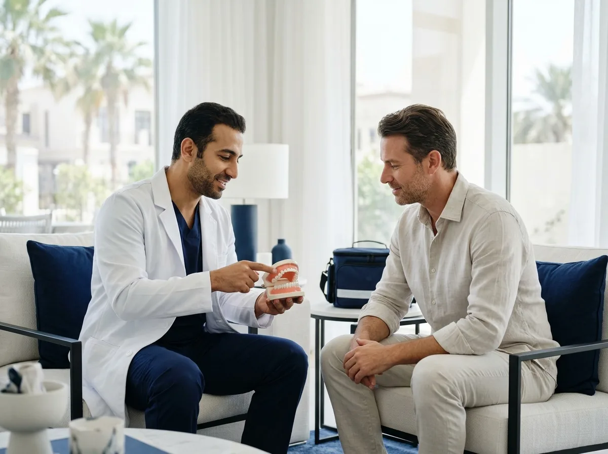 طبيب أسنان يشرح نموذج الأسنان لمريض