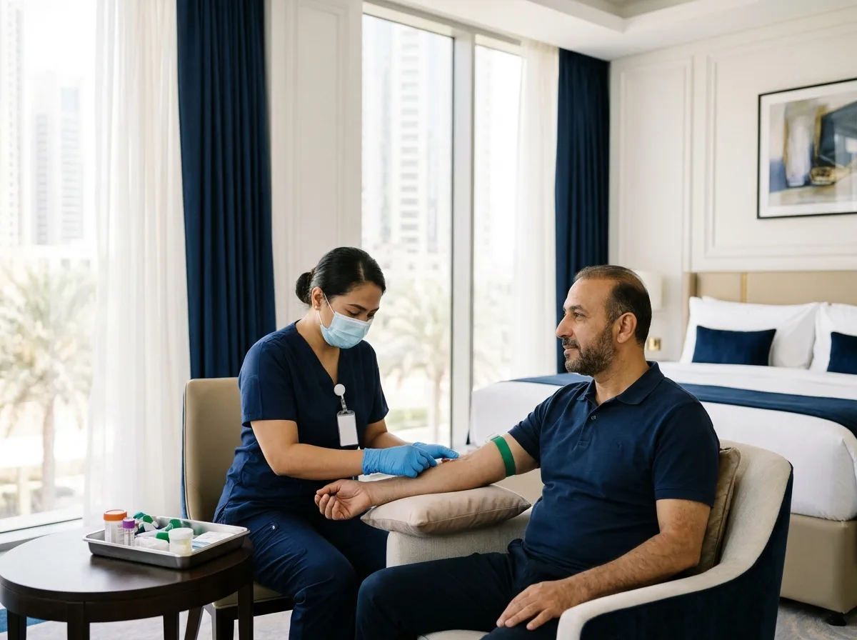 Private HIV test sample collection in a Dubai hotel room