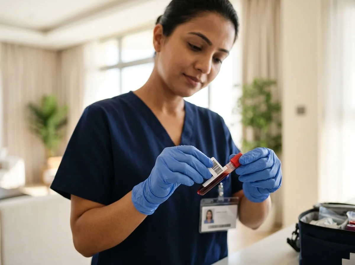 Nurse labelling and verifying a blood group test sample