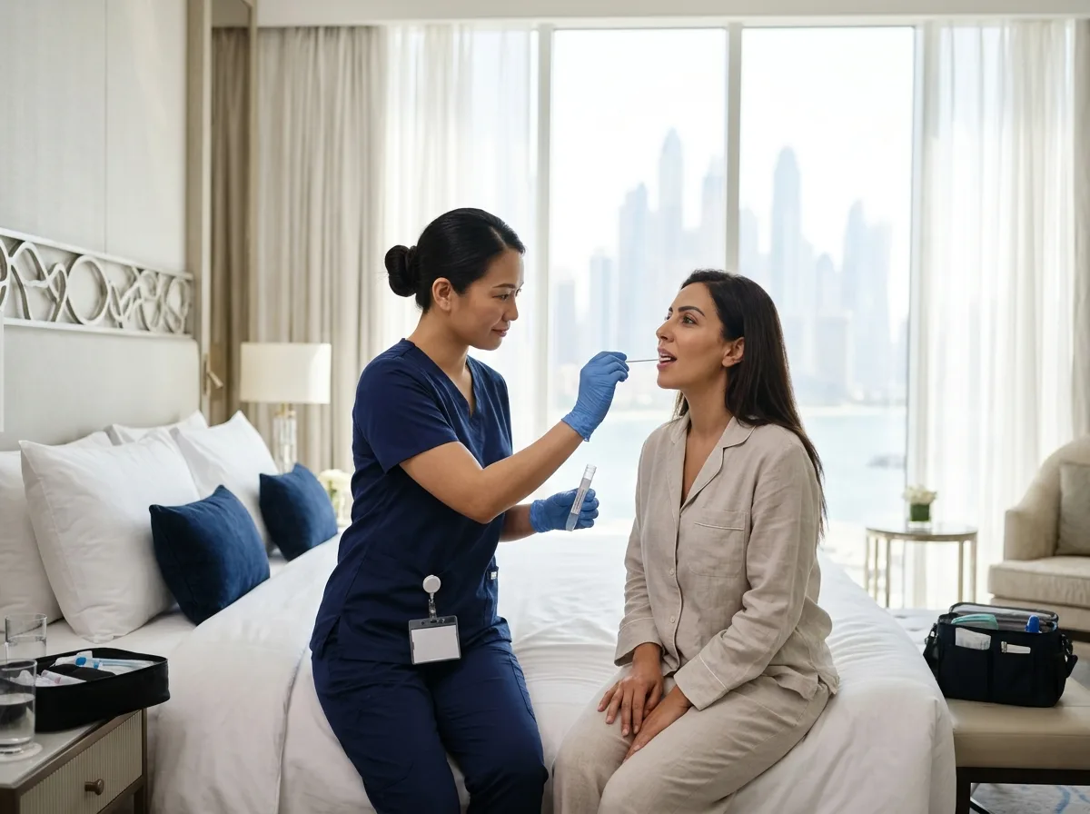 Nurse taking a cheek swab DNA sample from a woman in a Dubai hotel room