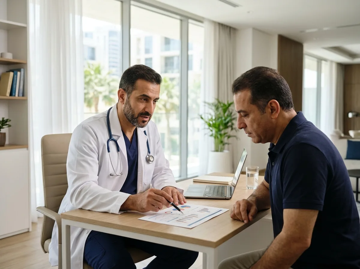 Doctor explaining male hormone profile results